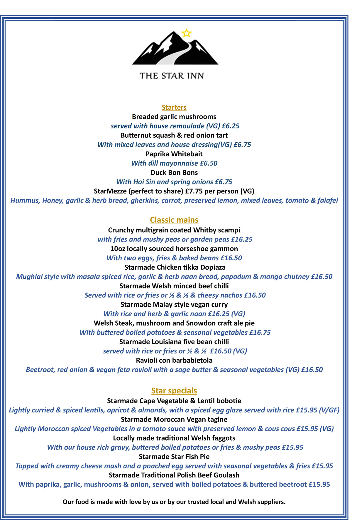 Star Inn menu, page 1