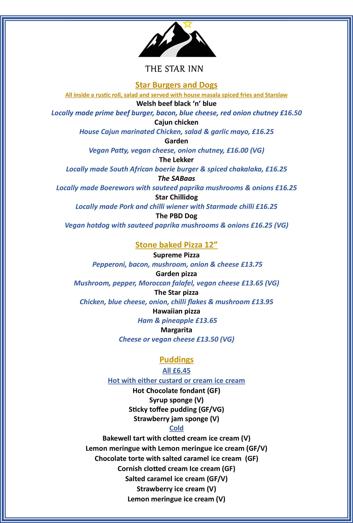 Star Inn menu, page 2
