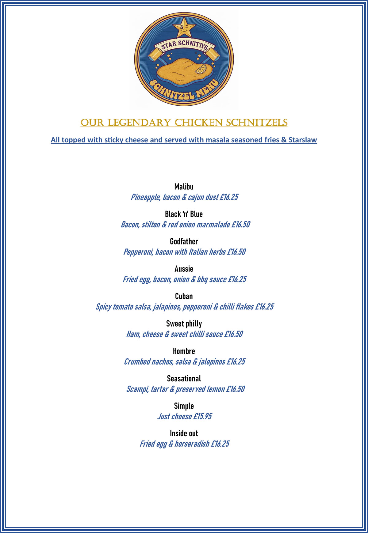 Star Inn Schnitzel menu
